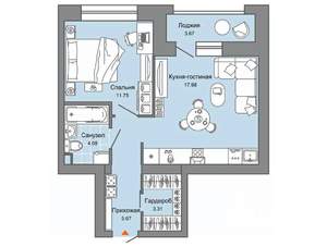 1-к квартира, вторичка, 45м2, 3/6 этаж