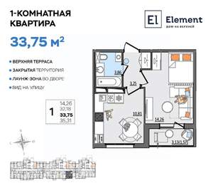 1-к квартира, вторичка, 34м2, 1/13 этаж