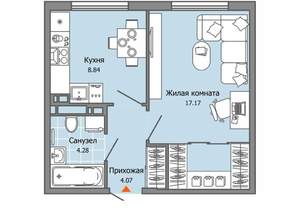 1-к квартира, строящийся дом, 34м2, 1/9 этаж