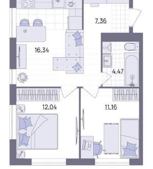 2-к квартира, вторичка, 52м2, 7/11 этаж