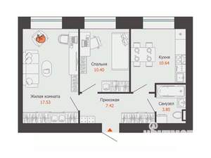 2-к квартира, строящийся дом, 50м2, 2/8 этаж