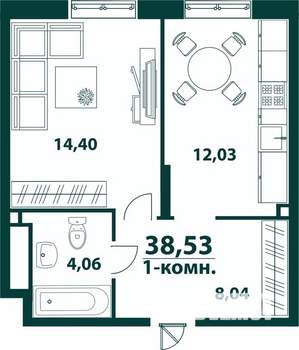 1-к квартира, строящийся дом, 39м2, 23/24 этаж