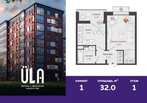 1-к квартира, вторичка, 32м2, 1/9 этаж