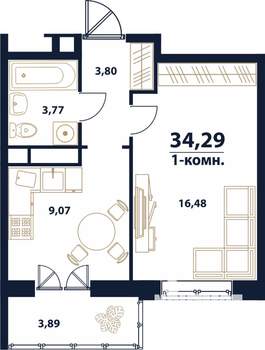 1-к квартира, строящийся дом, 34м2, 1/16 этаж