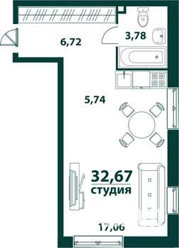 1-к квартира, строящийся дом, 33м2, 1/24 этаж