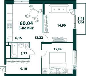 3-к квартира, строящийся дом, 60м2, 12/24 этаж