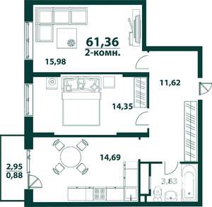 2-к квартира, строящийся дом, 61м2, 10/24 этаж