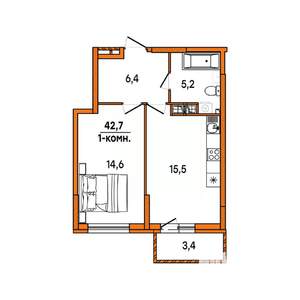 1-к квартира, строящийся дом, 43м2, 15/16 этаж