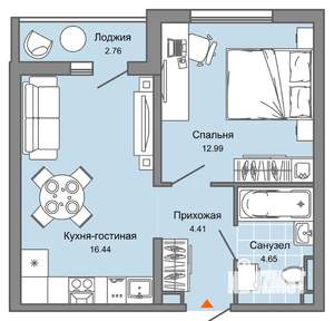 2-к квартира, вторичка, 39м2, 1/9 этаж