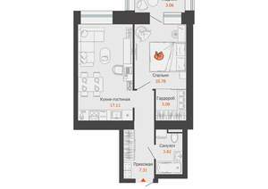 1-к квартира, вторичка, 44м2, 3/9 этаж