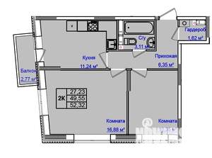 2-к квартира, строящийся дом, 52м2, 5/9 этаж