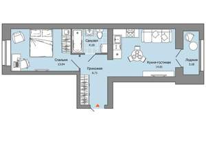 1-к квартира, строящийся дом, 40м2, 4/9 этаж