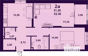 2-к квартира, строящийся дом, 63м2, 13/24 этаж