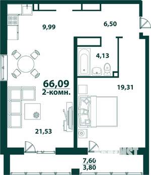 2-к квартира, строящийся дом, 66м2, 13/24 этаж