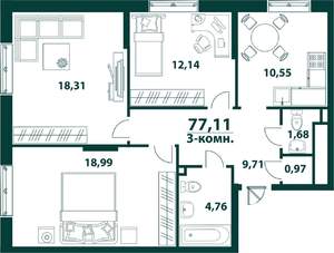 3-к квартира, строящийся дом, 77м2, 2/24 этаж