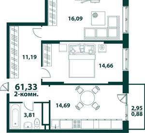 2-к квартира, вторичка, 61м2, 17/24 этаж