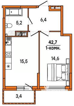 1-к квартира, строящийся дом, 43м2, 14/16 этаж