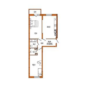 2-к квартира, вторичка, 74м2, 14/16 этаж
