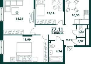 3-к квартира, вторичка, 77м2, 2/24 этаж