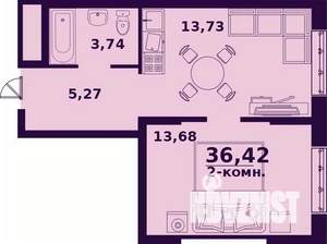 2-к квартира, строящийся дом, 36м2, 1/24 этаж