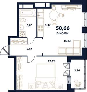 2-к квартира, строящийся дом, 51м2, 13/16 этаж