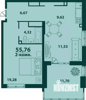 2-к квартира, строящийся дом, 56м2, 8/24 этаж
