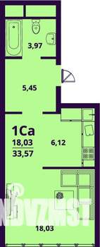 1-к квартира, строящийся дом, 34м2, 23/24 этаж
