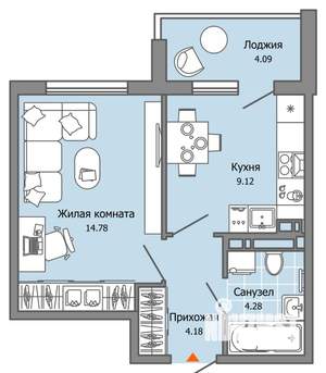 1-к квартира, вторичка, 34м2, 8/9 этаж