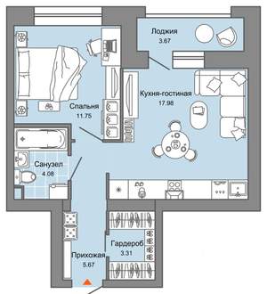 2-к квартира, вторичка, 45м2, 6/9 этаж