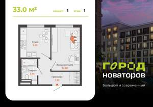 1-к квартира, вторичка, 33м2, 1/8 этаж