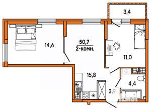 2-к квартира, строящийся дом, 51м2, 4/16 этаж