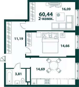 2-к квартира, строящийся дом, 60м2, 2/24 этаж