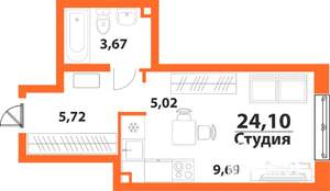 1-к квартира, строящийся дом, 24м2, 21/24 этаж