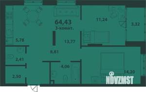 3-к квартира, строящийся дом, 64м2, 22/24 этаж