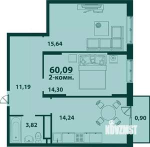 2-к квартира, строящийся дом, 60м2, 23/24 этаж