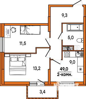 2-к квартира, строящийся дом, 49м2, 7/16 этаж