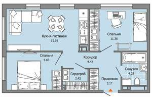 2-к квартира, строящийся дом, 51м2, 6/9 этаж
