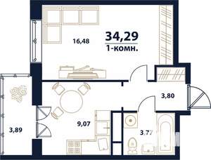1-к квартира, строящийся дом, 34м2, 1/16 этаж