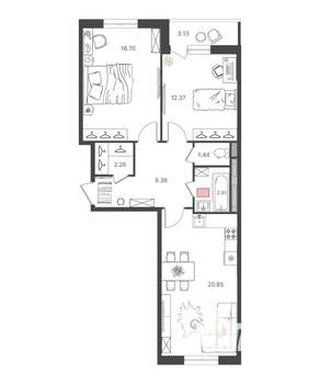 3-к квартира, вторичка, 66м2, 11/16 этаж