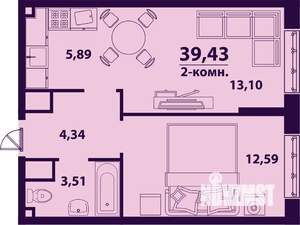 2-к квартира, строящийся дом, 39м2, 17/24 этаж