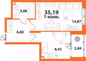 1-к квартира, строящийся дом, 35м2, 3/24 этаж