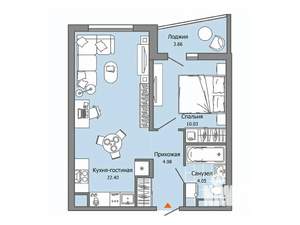 1-к квартира, строящийся дом, 43м2, 9/9 этаж