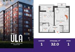 1-к квартира, вторичка, 32м2, 1/9 этаж