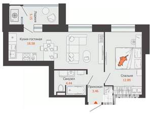 1-к квартира, вторичка, 42м2, 5/8 этаж