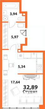 1-к квартира, строящийся дом, 33м2, 14/24 этаж