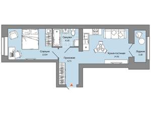 1-к квартира, строящийся дом, 40м2, 4/6 этаж