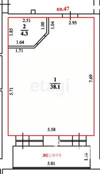 1-к квартира, вторичка, 42м2, 7/7 этаж