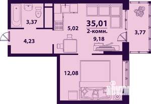 2-к квартира, строящийся дом, 35м2, 17/24 этаж