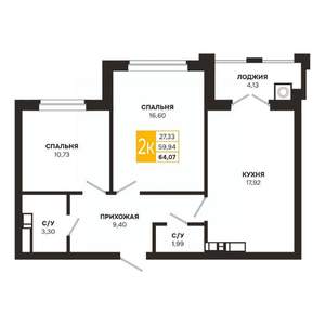 2-к квартира, вторичка, 64м2, 9/18 этаж