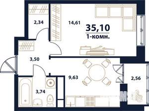 1-к квартира, строящийся дом, 35м2, 14/16 этаж